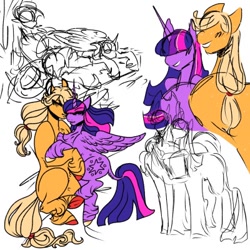 Size: 400x400 | Tagged: safe, artist:rareapples, derpibooru import, applejack, twilight sparkle, twilight sparkle (alicorn), alicorn, earth pony, 2d, cuddling, digital art, female, horn, lesbian, mare, shipping, sketch, smiling, twijack, wings