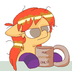 Size: 260x256 | Tagged: safe, artist:artflicker, derpibooru import, oc, oc only, oc:flicker split, earth pony, pony, chocolate, clothes, coffee mug, female, food, frown, hot chocolate, mare, mug, simple background, socks, solo, striped socks, transparent background