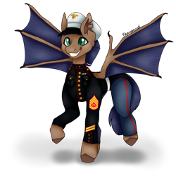 Size: 2000x2000 | Tagged: safe, artist:frazy, derpibooru import, oc, oc only, oc:distant echo, bat pony, pony, bat wings, blue mane, blue tail, brown coat, claws, clothes, green eyes, male, marines, military uniform, pants, simple background, solo, stallion, tail, transparent background, uniform, wing claws, wings