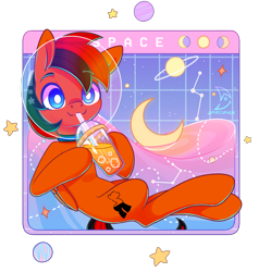 Size: 2360x2476 | Tagged: safe, artist:musicfirewind, derpibooru import, oc, oc only, oc:winged whisper, pegasus, pony, blue eyes, collar, drinking, folded wings, male, moon, pegasus oc, planet, smoothie, solo, space, stallion, tail, two toned mane, two toned tail, vaporwave, wings