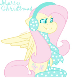 Size: 861x928 | Tagged: safe, artist:eivilpotter, derpibooru import, fluttershy, pegasus, christmas, clothes, earmuffs, holiday, looking offscreen, merry christmas, scarf, simple background, smiling, socks, solo, text