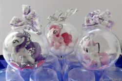 Size: 1000x660 | Tagged: safe, artist:facja, derpibooru import, pinkie pie, rarity, sweetie belle, earth pony, pony, unicorn, christmas ornament, craft, decoration