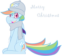 Size: 938x852 | Tagged: safe, artist:eivilpotter, derpibooru import, rainbow dash, pegasus, pony, christmas, clothes, female, hat, holiday, looking at you, mare, merry christmas, scarf, simple background, sitting, smiling, solo, text