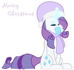 Size: 922x867 | Tagged: safe, artist:eivilpotter, derpibooru import, rarity, pony, unicorn, christmas, clothes, female, glowing, glowing horn, hat, holiday, horn, mare, merry christmas, mug, scarf, simple background, sipping, solo, text