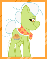 Size: 844x1060 | Tagged: safe, artist:eivilpotter, derpibooru import, granny smith, earth pony, pony, female, frills, looking at you, mare, side view, simple background, solo, tail, tail bun