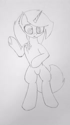 Size: 1432x2546 | Tagged: safe, artist:just rusya, derpibooru exclusive, derpibooru import, oc, oc:4 bore, unicorn, bipedal, chest fluff, looking down, monochrome, open mouth, pencil drawing, raised hoof, raised leg, solo, traditional art, underhoof