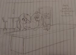 Size: 2667x1920 | Tagged: safe, artist:those kids in the corner, derpibooru import, fluttershy, rainbow dash, pegasus, pony, bar, blushing, drink, drunk, duo, female, flyer, mare, paperwork, table, traditional art