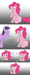 Size: 2100x5200 | Tagged: safe, artist:xyclone, derpibooru import, pinkie pie, twilight sparkle, earth pony, unicorn, belly, comic, dialogue, female, gradient background, stomach growl, stomach noise, throat bulge, vulgar