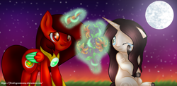 Size: 1580x768 | Tagged: safe, artist:firedragonmoon15, derpibooru import, oc, oc:phoenix scarletruby, alicorn, pony, brown mane, brown tail, colored wings, comforting, crying, cutie mark, full moon, glowing, glowing horn, hoof shoes, horn, jewelry, looking at someone, magic, mint wings, moon, necklace, night, night sky, one eye closed, red coat, red wings, sitting, sky, smiling, standing, tail, telekinesis, two toned wings, wings, wiping tears
