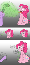 Size: 2100x4483 | Tagged: safe, artist:xyclone, derpibooru import, pinkie pie, twilight sparkle, earth pony, unicorn, belly, burp, chubby, comic, dialogue, gradient background, hiccup, stomach growl, stomach noise, vulgar