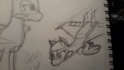 Size: 3264x1836 | Tagged: safe, derpibooru import, oc, oc only, oc:val, original species, plane pony, diving, drawing, female, looking down, mare, pencil drawing, plane, simple background, solo, traditional art, white background, xb-70 valkyrie