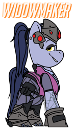 Size: 864x1488 | Tagged: safe, artist:eivilpotter, derpibooru import, oc, oc only, crossover, female, helmet, mare, overwatch, ponytail, simple background, solo, text, widowmaker