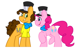 Size: 1660x1044 | Tagged: safe, artist:eivilpotter, derpibooru import, cheese sandwich, pinkie pie, earth pony, pony, couple, duo, female, looking at each other, looking at someone, magician hat, male, mare, simple background, stallion