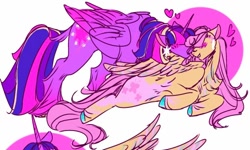 Size: 540x324 | Tagged: safe, artist:rareapples, derpibooru import, fluttershy, twilight sparkle, twilight sparkle (alicorn), alicorn, pegasus, 2d, blushing, digital art, female, heart, horn, mare, nuzzling, shipping, sitting, smiling, standing, wings