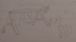 Size: 3236x1792 | Tagged: safe, artist:those kids in the corner, derpibooru import, oc, bat pony, pony, unicorn, concerned, female, filly, flying, foal, mare, swing, swing set, traditional art, trailer, unnamed oc