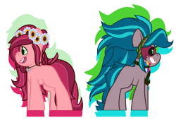 Size: 1720x1168 | Tagged: safe, artist:eivilpotter, derpibooru import, earth pony, pony, colored, duo, facing away, female, flat colors, floral head wreath, flower, jewelry, mare, multicolored hair, necklace, simple background