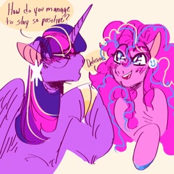 Size: 540x540 | Tagged: safe, artist:rareapples, derpibooru import, pinkie pie, twilight sparkle, twilight sparkle (alicorn), alicorn, earth pony, 2d, digital art, female, happy, horn, mare, sitting, sketch, smiling, wings