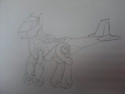 Size: 720x540 | Tagged: safe, derpibooru import, oc, oc only, original species, plane pony, pony, robot, robot pony, no eyes, no face, pencil drawing, plane, simple background, solo, traditional art, wheelpone, white background