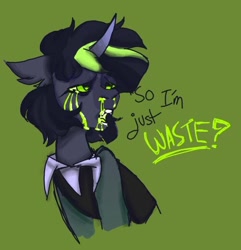 Size: 502x520 | Tagged: safe, artist:spicychickenss, derpibooru import, oc, oc only, oc:toxic waste, pony, unicorn, crying, dialogue, ears, floppy ears, open mouth, sad, snot, solo, toxic