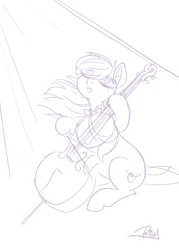 Size: 1500x2100 | Tagged: safe, artist:prismspark, derpibooru import, octavia melody, earth pony, pony, 30 minute art challenge, cello, eyes closed, monochrome, musical instrument, playing instrument, solo, spotlight