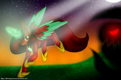 Size: 1682x1112 | Tagged: safe, artist:firedragonmoon15, derpibooru import, oc, oc:phoenix scarletruby, alicorn, pony, brown mane, brown tail, colored wings, darkness, fight, glowing, glowing horn, hoof shoes, horn, jewelry, light rays, mint wings, monster, necklace, red coat, red eyes, red wings, spread wings, stars, tail, two toned wings, wings