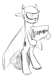 Size: 600x900 | Tagged: artist needed, safe, derpibooru import, oc, oc only, original species, plane pony, pony, robot, robot pony, bioproblems, holding, holding sign, plane, simple background, smiling, solo, unnamed oc, white background