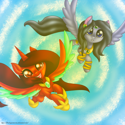 Size: 2236x2228 | Tagged: safe, artist:firedragonmoon15, derpibooru import, oc, oc:phoenix scarletruby, alicorn, pony, black mane, black tail, brown mane, colored wings, flying, gray coat, happy, hoof shoes, jewelry, mint wings, necklace, purple eyes, red coat, red eyes, red wings, smiling, spread wings, tail, two toned wings, wings