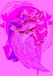 Size: 540x777 | Tagged: safe, artist:rareapples, derpibooru import, pinkie pie, twilight sparkle, twilight sparkle (alicorn), alicorn, earth pony, 2d, colored, digital art, female, happy, horn, hug, lesbian, love, mare, shipping, smiling, standing, wings