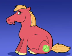 Size: 1016x787 | Tagged: safe, artist:cookie-lovey, derpibooru import, big macintosh, earth pony, pony, 2012, belly, big belly, blue background, frown, looking back, looking down, male, male pregnancy, missing accessory, pregnant, simple background, sitting, solo, stallion, style emulation, the fairly oddparents