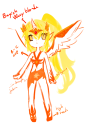 Size: 652x908 | Tagged: safe, artist:fecchi-freya, derpibooru import, daybreaker, human, alicorn humanization, alternate hairstyle, belly button, clothes, crown, elf ears, female, high heels, horn, horned humanization, humanized, jewelry, midriff, reference sheet, regalia, shoes, simple background, skirt, solo, white background, winged humanization, wings