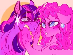 Size: 540x405 | Tagged: safe, artist:rareapples, derpibooru import, pinkie pie, twilight sparkle, twilight sparkle (alicorn), alicorn, earth pony, 2d, colored, digital art, female, happy, hoof on face, horn, hug, lesbian, love, mare, shipping, smiling, standing, wings