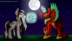 Size: 1532x880 | Tagged: safe, artist:firedragonmoon15, derpibooru import, oc, oc:phoenix scarletruby, alicorn, earth pony, pony, black mane, brown mane, brown tail, colored wings, cutie mark, full moon, glowing, glowing horn, hoof shoes, horn, jewelry, looking at someone, magic, mint wings, moon, necklace, night, night sky, present, raised hoof, raised leg, red coat, red wings, sky, spread wings, standing, surprised, tail, telekinesis, two toned wings, white mane, wings