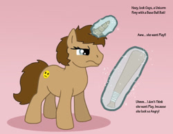 Size: 1016x787 | Tagged: safe, artist:cookie-lovey, derpibooru import, oc, oc only, pony, unicorn, 2013, angry, baseball bat, dialogue, female, frown, levitation, magic, mare, narrowed eyes, offscreen character, pink background, ponysona, simple background, solo, telekinesis, text, this will end in pain