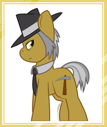 Size: 896x1064 | Tagged: safe, artist:eivilpotter, derpibooru import, igneous rock pie, earth pony, pony, hat, looking at you, male, necktie, simple background, solo, stallion