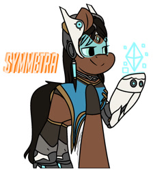 Size: 845x945 | Tagged: safe, artist:eivilpotter, derpibooru import, oc, oc only, earth pony, pony, crossover, female, mare, overwatch, simple background, solo, symmetra, text