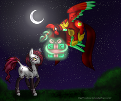 Size: 1416x1180 | Tagged: safe, artist:firedragonmoon15, derpibooru import, oc, oc:phoenix scarletruby, alicorn, pony, brown mane, brown tail, colored wings, crescent moon, flying, glowing, glowing horn, hoof shoes, horn, jewelry, magic, mint wings, moon, necklace, night, night sky, present, red coat, red wings, sky, smiling, standing, tail, telekinesis, two toned wings, wings