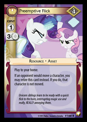 Size: 344x480 | Tagged: safe, derpibooru import, rarity, sweetie belle, ponyville confidential, ccg, enterplay, equestrian odysseys, horn, horn flick, magic, merchandise, telekinesis