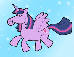 Size: 1016x787 | Tagged: safe, artist:cookie-lovey, derpibooru import, twilight sparkle, twilight sparkle (alicorn), alicorn, pony, 2013, anime bubbles, blue background, eyes closed, female, flying, mare, simple background, smiling, solo, spread wings, style emulation, the fairly oddparents, wings