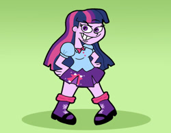 Size: 1016x787 | Tagged: safe, artist:cookie-lovey, derpibooru import, twilight sparkle, human, equestria girls, 2013, blouse, bowtie, breasts, clothes, evil grin, female, green background, grin, hand on hip, headlight sparkle, looking at you, mary janes, shoes, simple background, skirt, smiling, smiling at you, socks, solo, style emulation, the fairly oddparents