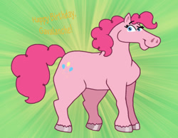 Size: 1016x787 | Tagged: safe, artist:cookie-lovey, derpibooru import, pinkie pie, earth pony, pony, 2013, female, green background, happy birthday, looking at you, mare, simple background, smiling, smiling at you, solo, style emulation, sunburst background, text, the fairly oddparents, unshorn fetlocks