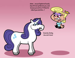 Size: 1016x787 | Tagged: safe, artist:cookie-lovey, derpibooru import, rarity, pony, unicorn, 2013, blonda, crossover, dialogue, duo, duo female, fairy, female, lidded eyes, looking at each other, looking at someone, mare, open mouth, pink background, simple background, style emulation, teeth, text, the fairly oddparents, unshorn fetlocks, wanda