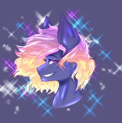 Size: 1500x1507 | Tagged: safe, artist:novadraws19205, derpibooru import, oc, oc only, pony, bust, glitter, lidded eyes, looking at you, smiling, solo, sparkles