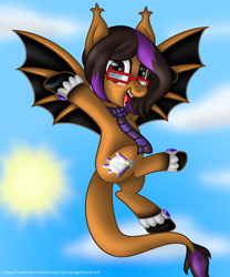 Size: 914x1098 | Tagged: safe, artist:firedragonmoon15, derpibooru import, oc, pony, bat wings, black wings, brown mane, colored wings, cutie mark, fangs, flying, glasses, happy, looking at you, open mouth, orange wings, pink mane, sky, solo, sun, two toned mane, two toned wings, wings