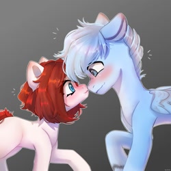 Size: 2000x2000 | Tagged: safe, artist:shelti, derpibooru import, oc, oc only, earth pony, pegasus, pony, blushing, colored pupils, duo, duo male and female, female, folded wings, looking at each other, looking at someone, male, raised hoof, raised leg, wings