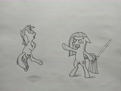 Size: 9248x6936 | Tagged: safe, derpibooru import, lyra heartstrings, pinkie pie, earth pony, pony, unicorn, pinkamena diane pie, sword, traditional art, weapon