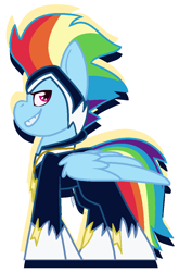 Size: 752x1140 | Tagged: safe, artist:eivilpotter, derpibooru import, rainbow dash, zapp, pegasus, pony, colored, female, flat colors, mare, power ponies, simple background, solo, superhero, superhero costume