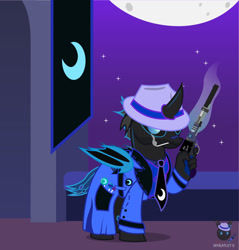 Size: 1237x1295 | Tagged: safe, artist:wheatley r.h., derpibooru exclusive, derpibooru import, oc, oc only, oc:w. rhinestone eyes, changeling, bat wings, blue changeling, candy, changeling oc, food, gun, honeypot changeling, lollipop, male, night, night sky, sky, stallion, stars, vector, watermark, weapon, wings