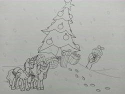 Size: 9248x6936 | Tagged: safe, artist:anxiouspon, derpibooru import, princess luna, twilight sparkle, unicorn twilight, alicorn, pony, unicorn, atg 2020, christmas, holiday, newbie artist training grounds, pine tree, the grinch, traditional art, tree