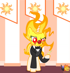 Size: 1237x1295 | Tagged: safe, artist:wheatley r.h., derpibooru exclusive, derpibooru import, oc, oc only, oc:twi clown, unicorn, bowtie, clothes, clown, clown nose, female, glasses, horn, mane of fire, mare, red nose, unicorn oc, vector, watermark