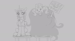 Size: 2329x1296 | Tagged: safe, artist:astr0zone, derpibooru import, fhtng th§ ¿nsp§kbl, oleander, demon, unicorn, them's fightin' herds, chair, clothes, community related, cup, drink, drinking, drinking straw, duo, female, gray background, grayscale, monochrome, open mouth, shirt, sign, simple background, sitting, sketch, t-shirt
